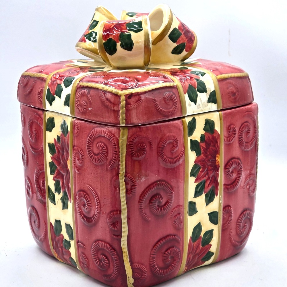 World Bazaars Inc Christmas Present Gift Cookie‎ Jar Ceramic Poinsettia Holiday